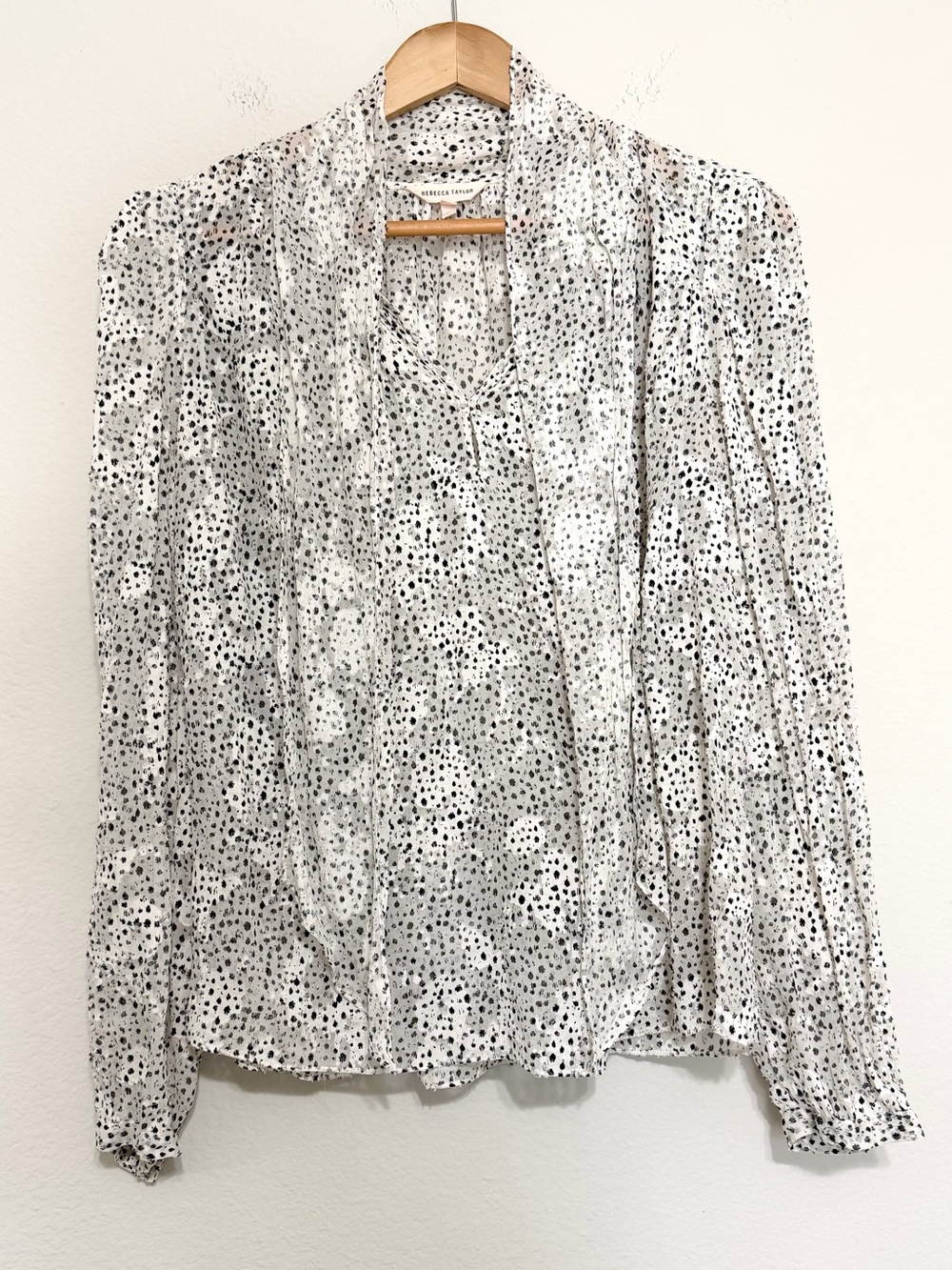 REBECCA TAYLOR Black and White Printed Sheer Silk/Cotton Neck Tie Blouse Size 10